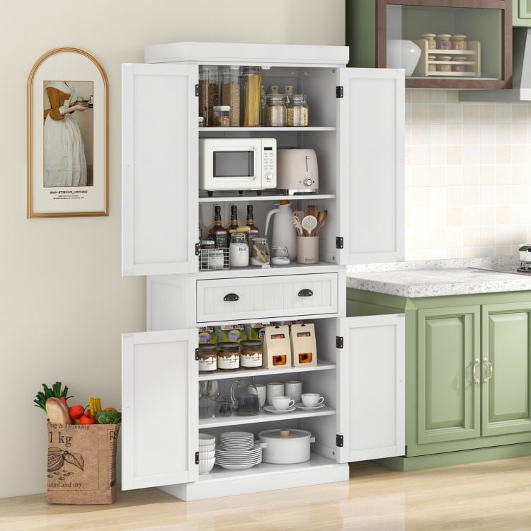 White kitchen pantry storage cabinet with four doors, adjustable shelves, and a large center drawer for versatile.
