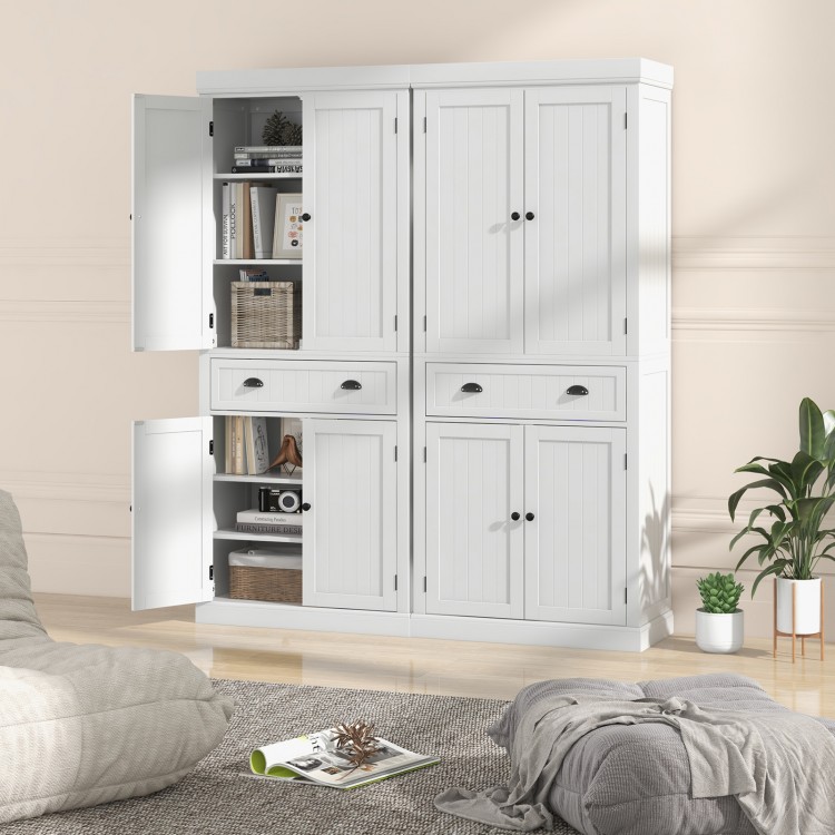 White kitchen pantry storage cabinet with four doors, large center drawer, and adjustable shelves for versatile.