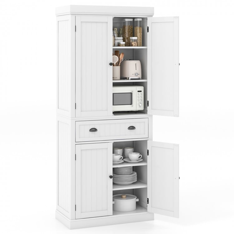 White kitchen pantry storage cabinet with 4 doors, adjustable shelves, and a large center drawer for versatile.