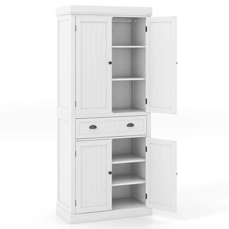 White kitchen pantry storage cabinet featuring 4 doors, a large drawer, and adjustable shelves for versatile.