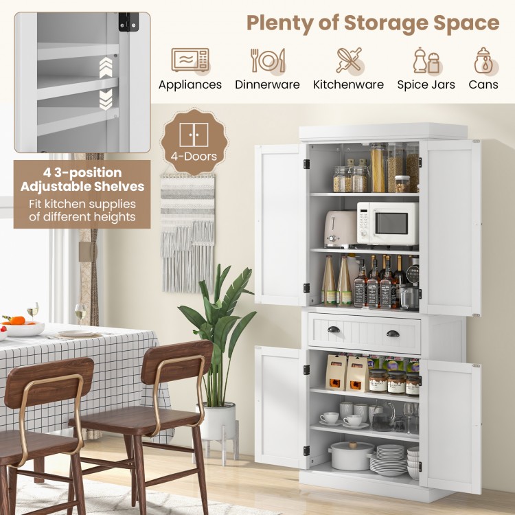 Adjustable shelves inside a white kitchen pantry cabinet, designed for versatile storage of kitchen supplies and.