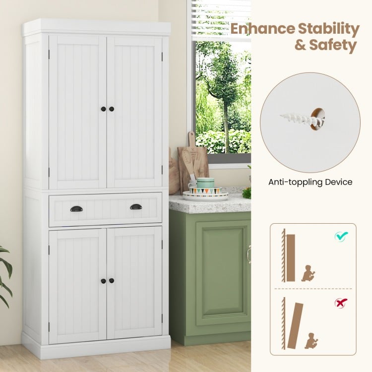 White kitchen pantry storage cabinet with four doors, a center drawer, and adjustable shelves for versatile.