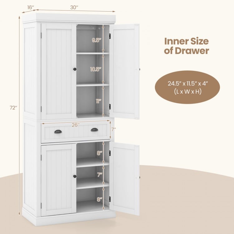 White kitchen pantry storage cabinet with 4 doors, a large drawer, and adjustable shelves for versatile organization.