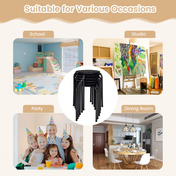 Set of 6 black portable plastic stack stools with breathable seats, ideal for classrooms, parties, and home use.