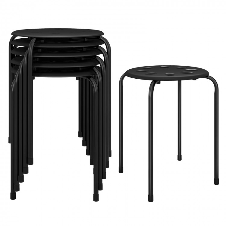 Set of 6 black portable plastic stack stools with sturdy steel frames and breathable seats, ideal for home and office.