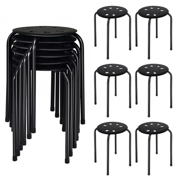 Stack of 6 black portable plastic stools with steel frames and breathable seats, ideal for home, office, or classroom.