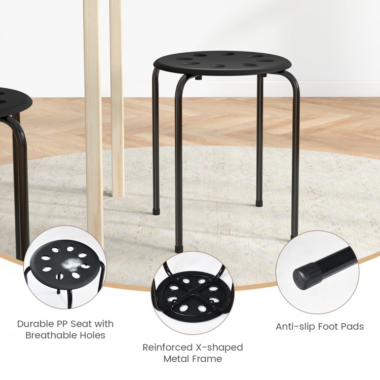 Black portable plastic stack stool with breathable holes and sturdy steel frame, ideal for home, office, or classroom.