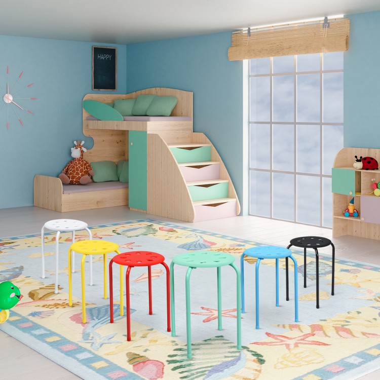 Multicolor set of 6 portable plastic stack stools with sturdy steel frames, ideal for classrooms and homes.