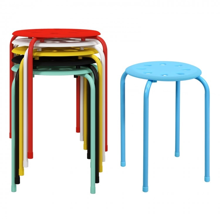Colorful set of 6 portable plastic stack stools with sturdy steel frames, ideal for classrooms and home use.
