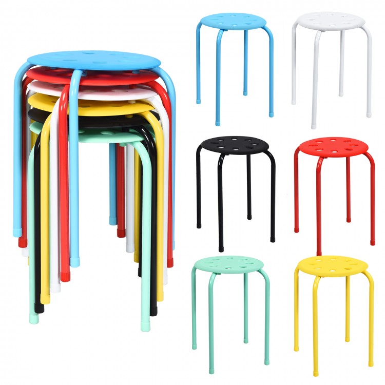 Colorful set of 6 portable plastic stack stools with sturdy steel frame, ideal for classrooms and home use.