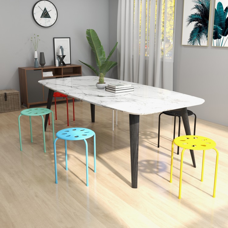 Colorful set of 6 portable plastic stack stools with sturdy steel frames, ideal for home, office, or classroom use.