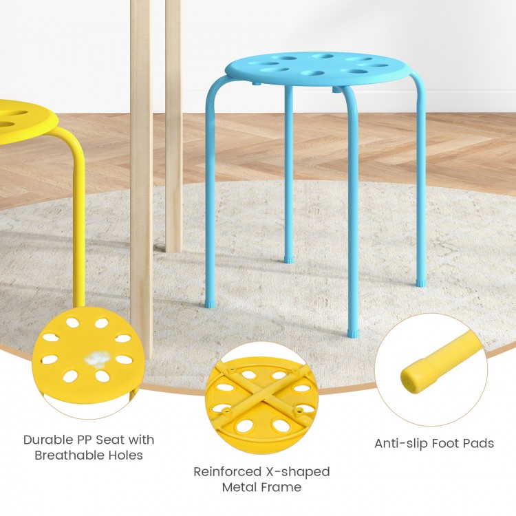 Colorful stackable plastic stool set featuring a durable PP seat with ventilation holes and anti-slip foot pads for.