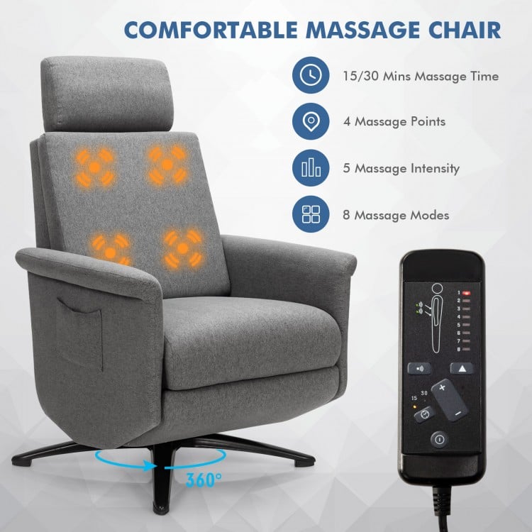Swivel massage recliner in gray with adjustable headrest, 4-point massage, and remote control for ultimate relaxation.
