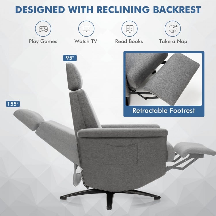Swivel massage recliner sofa in gray with adjustable headrest and retractable footrest, perfect for ultimate relaxation.