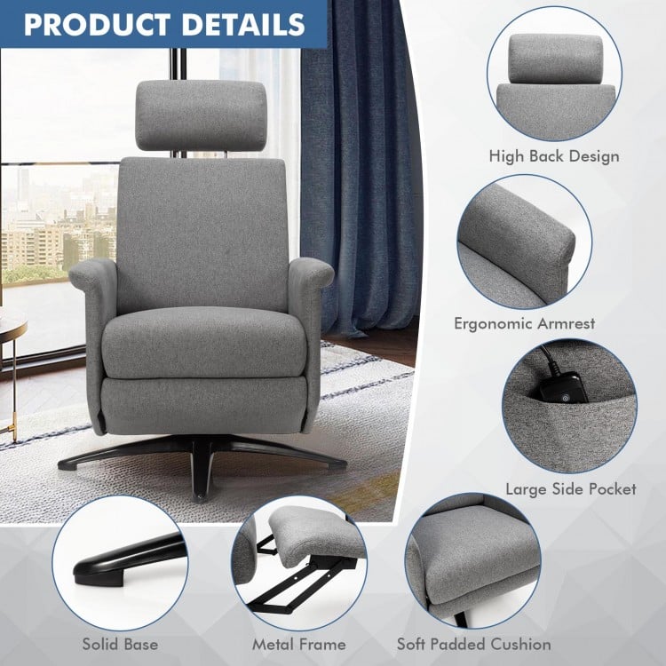 Swivel massage recliner chair in gray with adjustable headrest, ergonomic armrest, and side pocket for remote control.
