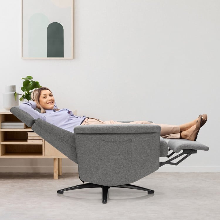 Swivel massage recliner in gray with adjustable headrest and retractable footrest, perfect for ultimate relaxation.