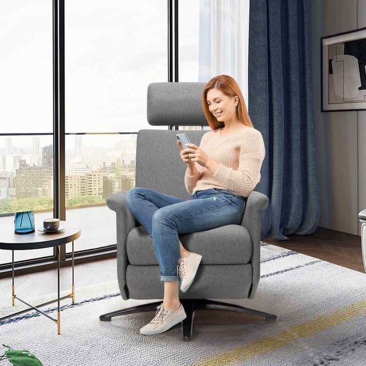 Swivel massage recliner in gray with adjustable headrest and remote control, perfect for living room or office.
