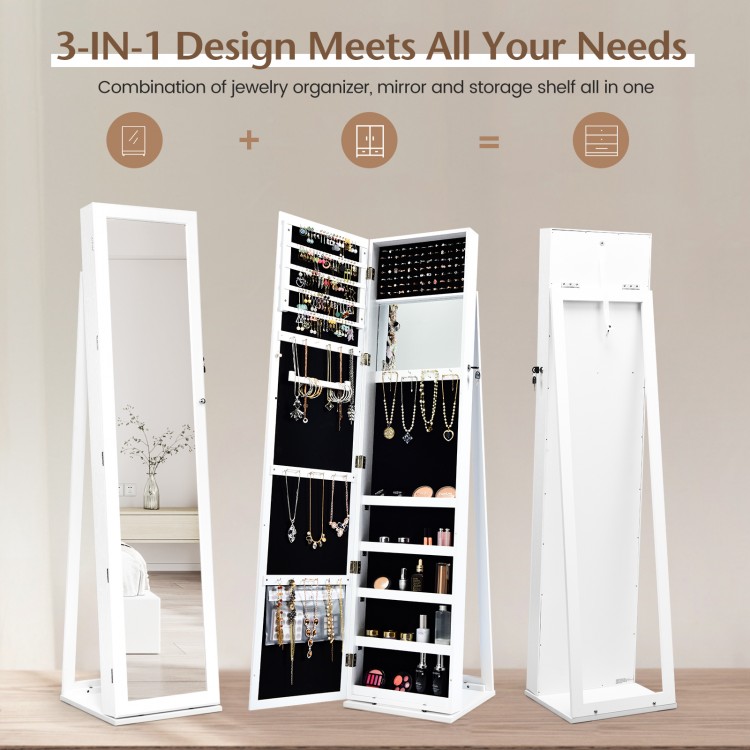 Freestanding jewelry armoire with full length mirror, lockable design, and multiple storage options for jewelry and.