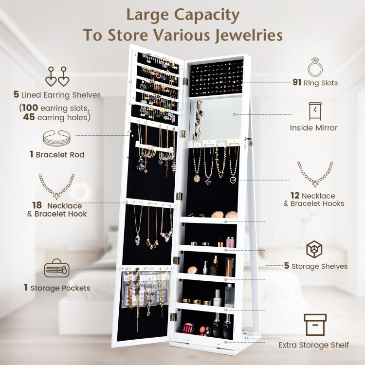 Freestanding jewelry armoire in white with full-length mirror, 100 earring slots, and 5 storage shelves for.