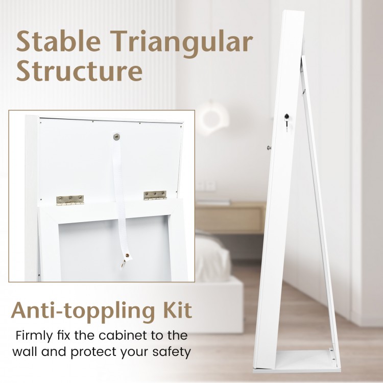 Lockable freestanding jewelry armoire in white with a full-length mirror and anti-toppling kit for added safety.