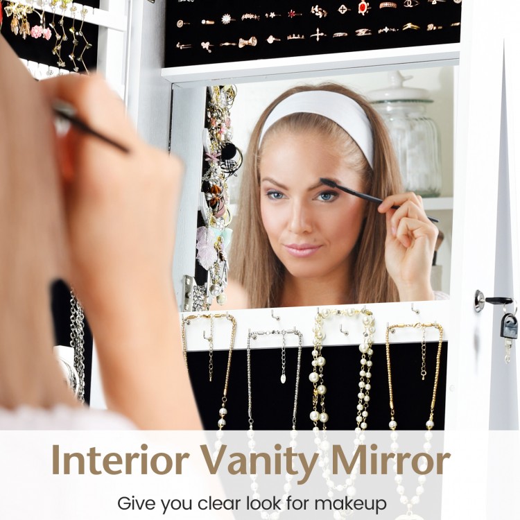 Lockable freestanding jewelry armoire with full-length mirror, featuring anti-rust hooks and velvet interior for.
