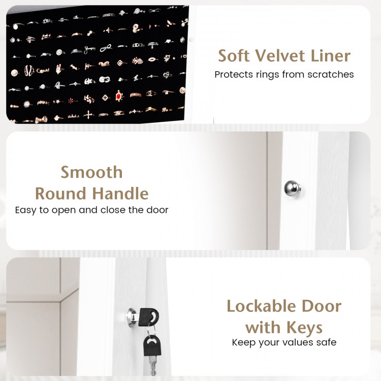 Lockable freestanding jewelry armoire in white with full-length mirror, soft velvet liner, and 30 anti-rust hooks for.