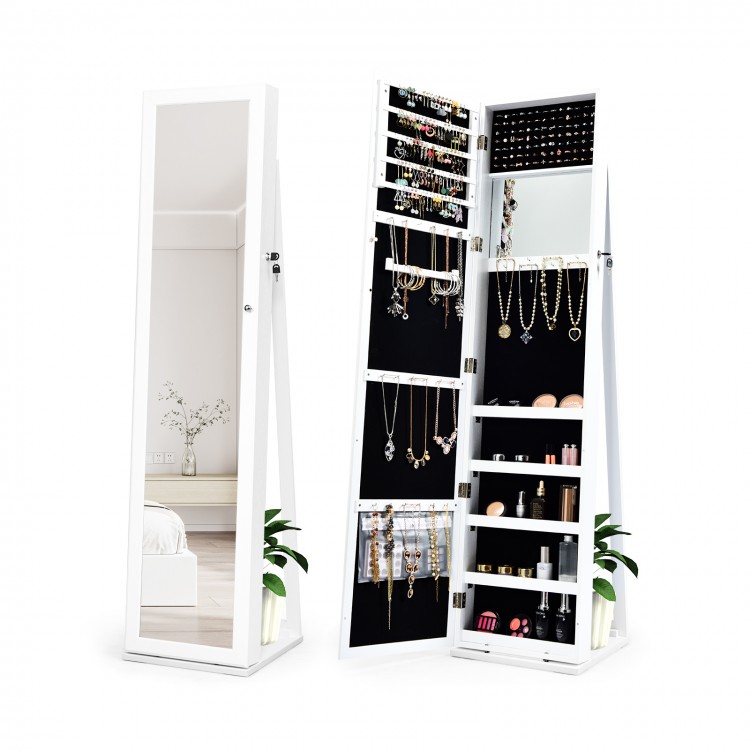 Freestanding white jewelry armoire with full-length mirror, lockable design, and multiple storage options for jewelry.