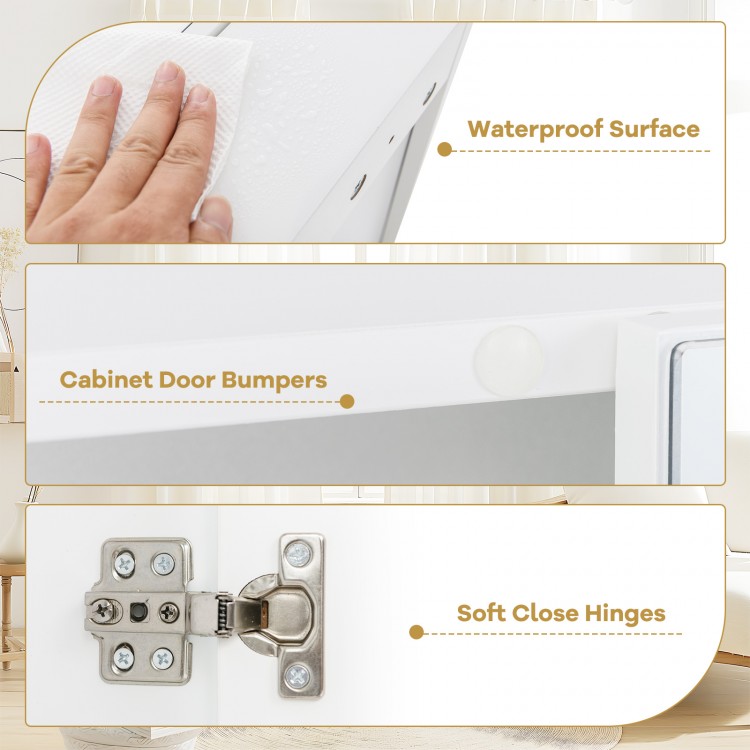 Close-up of soft close hinges on the double door bathroom wall cabinet with mirror, featuring a waterproof surface.