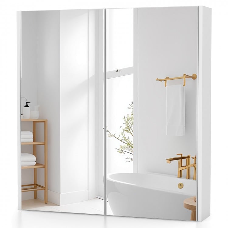 Double door bathroom wall cabinet with mirror, adjustable shelf, and modern design, perfect for small spaces.