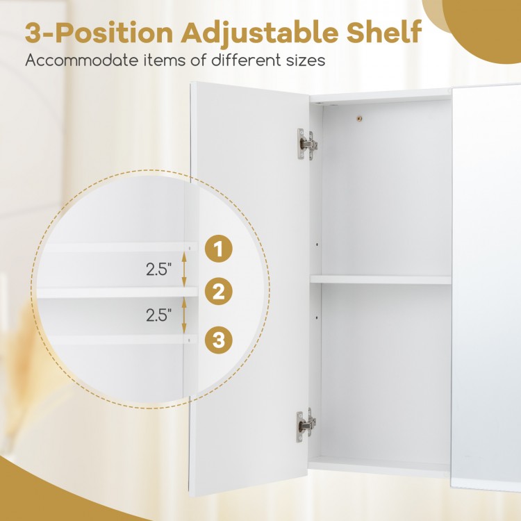 Double door bathroom wall cabinet with mirror and 3-position adjustable shelf for versatile storage options.