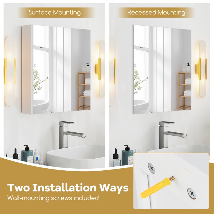 Double door bathroom wall cabinet with mirror, showcasing surface and recessed mounting options for versatile.