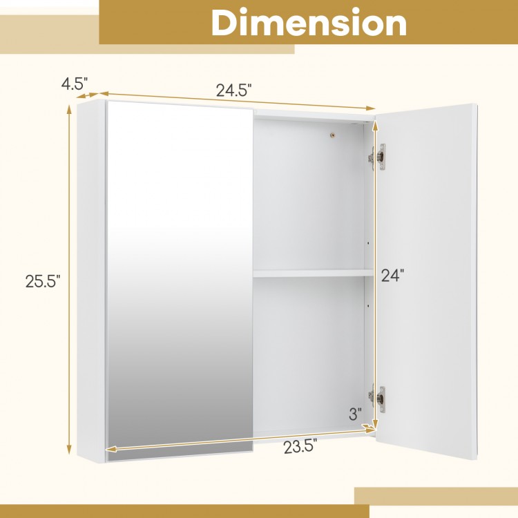 Double door bathroom wall cabinet with dimensions displayed, featuring a large mirror and adjustable shelf for.
