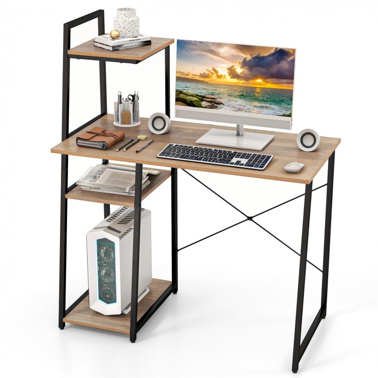 Compact computer desk workstation with natural wood finish and 4 tier shelves for home office organization.