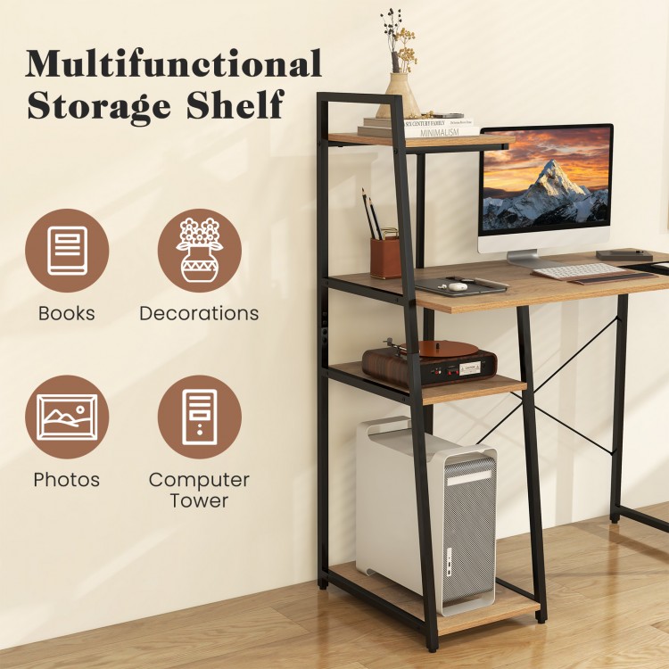 Compact computer desk workstation with 4 tier shelves in natural wood finish, ideal for home and office organization.