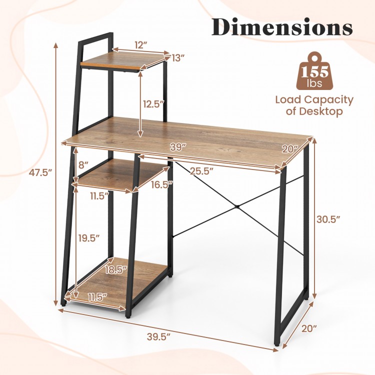 Compact computer desk with 4 tier shelves, natural wood finish, and "X" style design for home or office use.