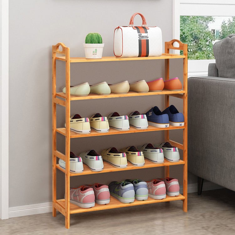 5-tier bamboo shoe rack in natural finish, featuring spacious shelves for storage, ideal for living room or bedroom use.
