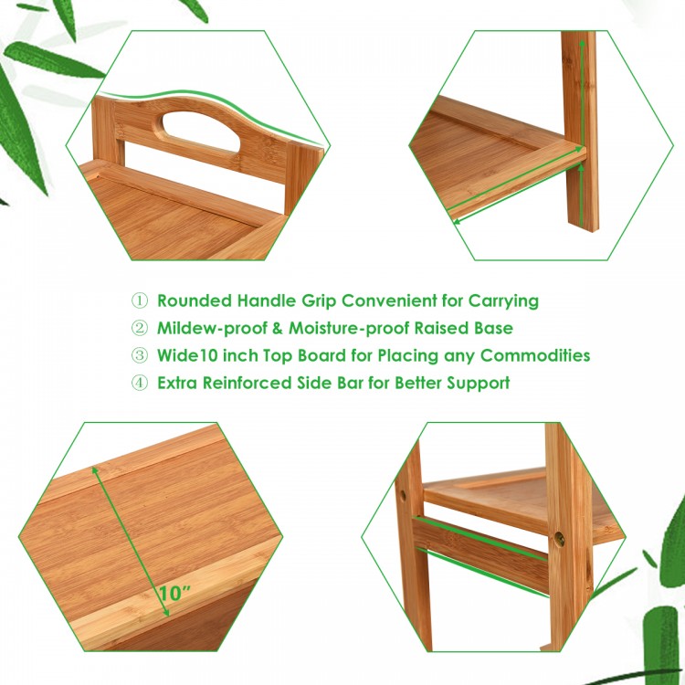 5-tier bamboo freestanding shoe rack with natural finish, featuring a sturdy design and convenient carrying handles.