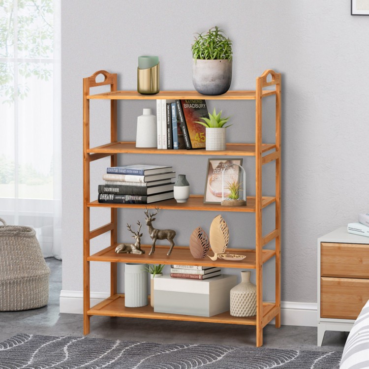5-tier bamboo freestanding shoe rack in natural finish, featuring sturdy shelves for versatile storage in any room.