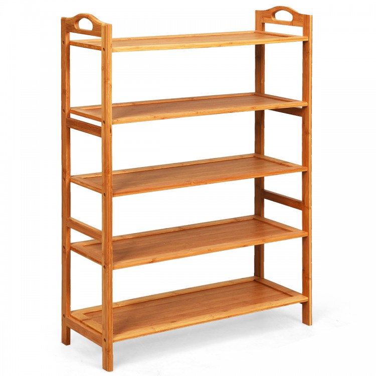 5-tier bamboo freestanding shoe rack with natural finish, sturdy structure, and convenient handles for easy carrying.