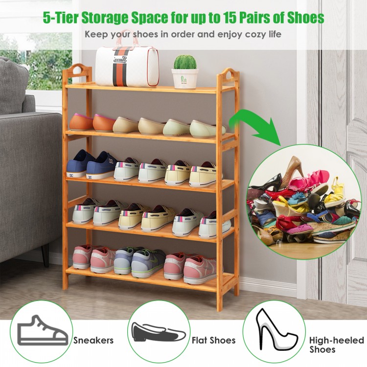 5-tier bamboo shoe rack in natural finish, holding various shoes, ideal for bedroom or living room storage.
