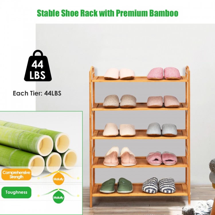 5-tier bamboo shoe rack in natural finish, sturdy design with 44 lbs capacity per tier, ideal for bedroom or living.