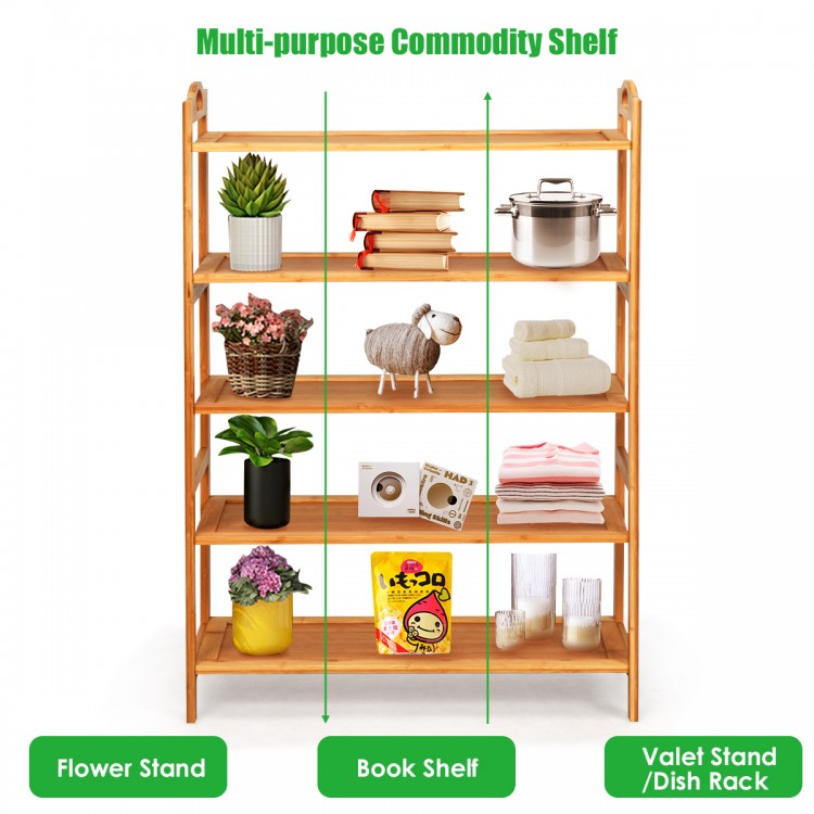 5-tier bamboo freestanding shoe rack with sturdy structure, ideal for bedroom or living room storage.