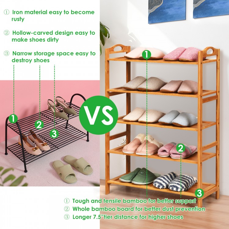 5-tier bamboo freestanding shoe rack with natural finish, sturdy design, and ample storage space for various occasions.