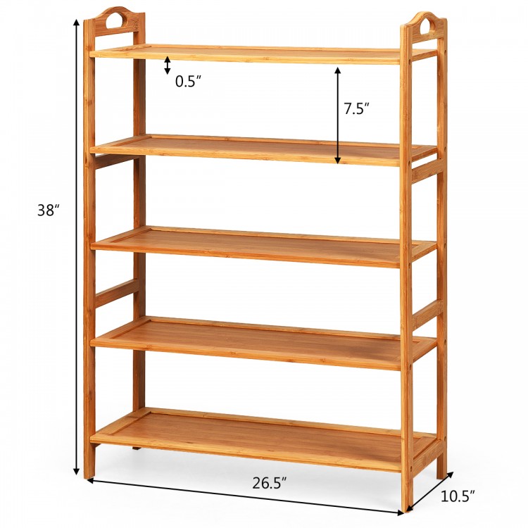 5-tier bamboo freestanding shoe rack in natural finish, featuring sturdy shelves and convenient top handles for easy.