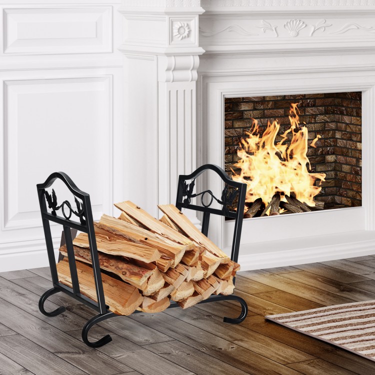 Foldable firewood log rack with leaf pattern design, sturdy steel frame, and elegant arch-shaped feet for indoor use.