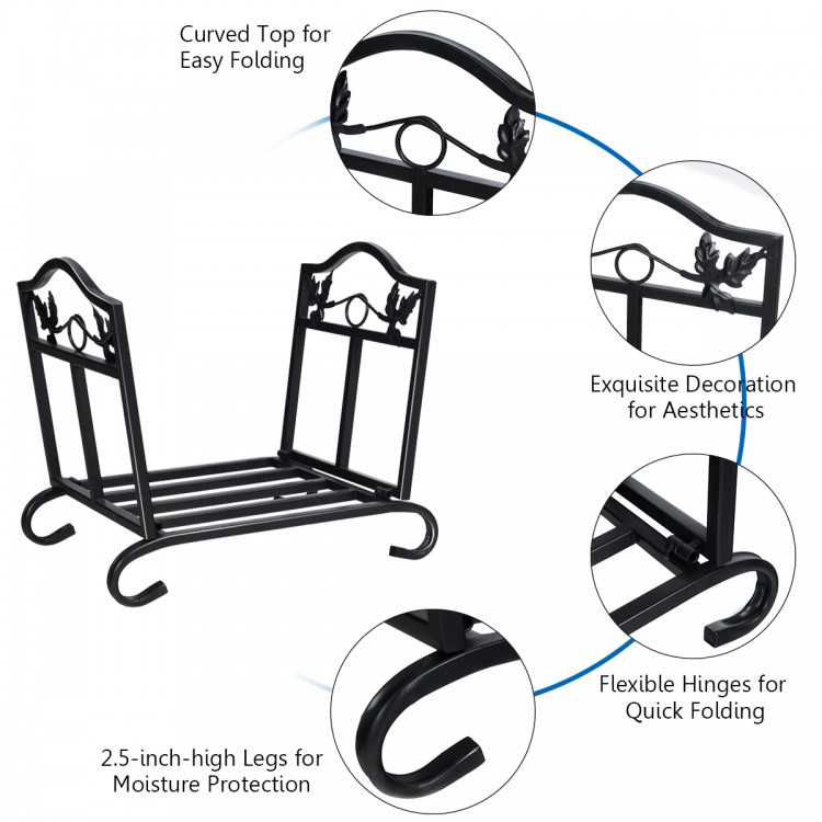 Foldable firewood log rack with elegant leaf pattern, sturdy steel frame, and 2.5-inch legs for moisture protection.