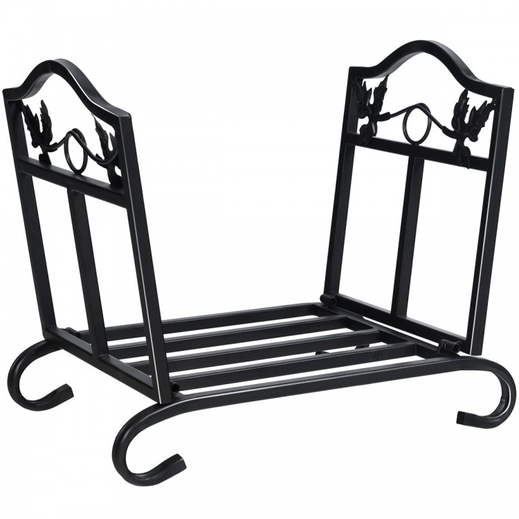 Foldable firewood log rack with leaf pattern design, sturdy steel frame, and arch-shaped feet for indoor or outdoor use.