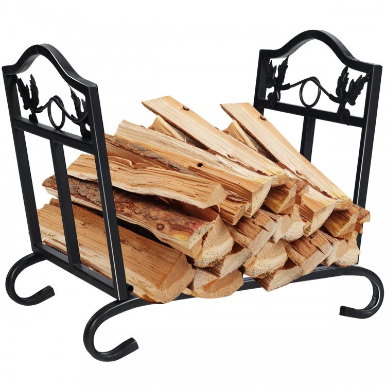 Foldable firewood log rack with a sturdy steel frame and leaf pattern design, perfect for indoor or outdoor wood.