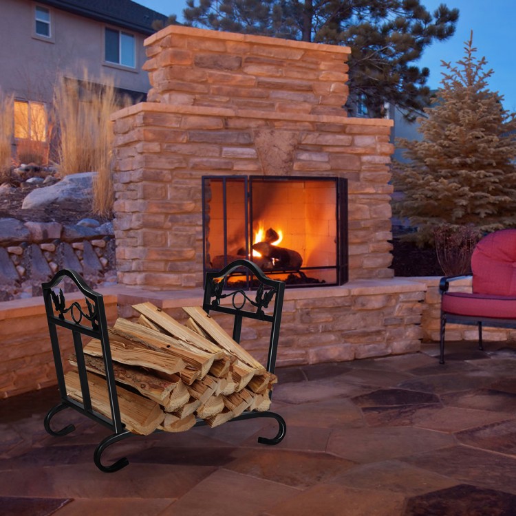 Foldable firewood log rack with steel frame, leaf pattern design, and 4 arch-shaped feet for outdoor use.