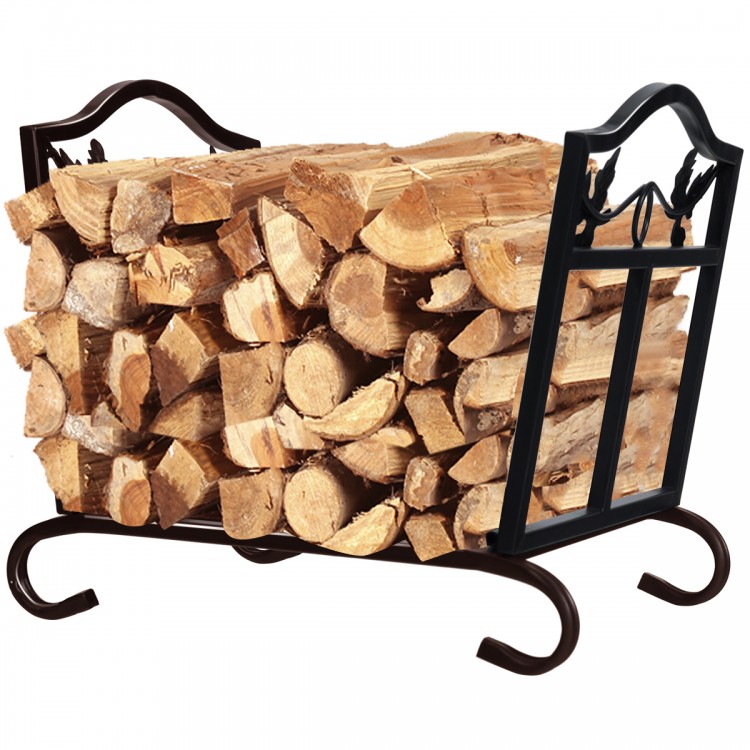 Foldable firewood log rack with a sturdy steel frame, elegant leaf design, and protective feet for indoor or outdoor.